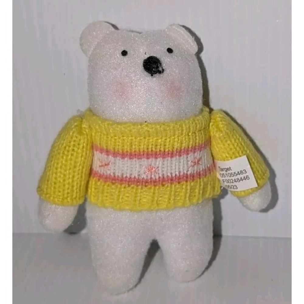 Target 2023 Wondershop Ornaments Felt Polar Bear with a yellow Knit Sweater.